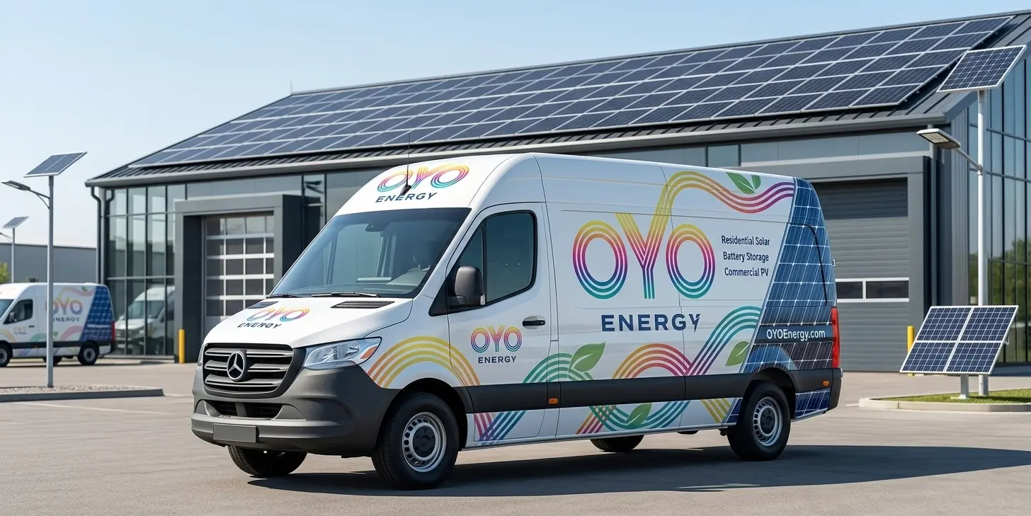 OYO Energy branded sprinter van at a Nova Scotia solar installation site